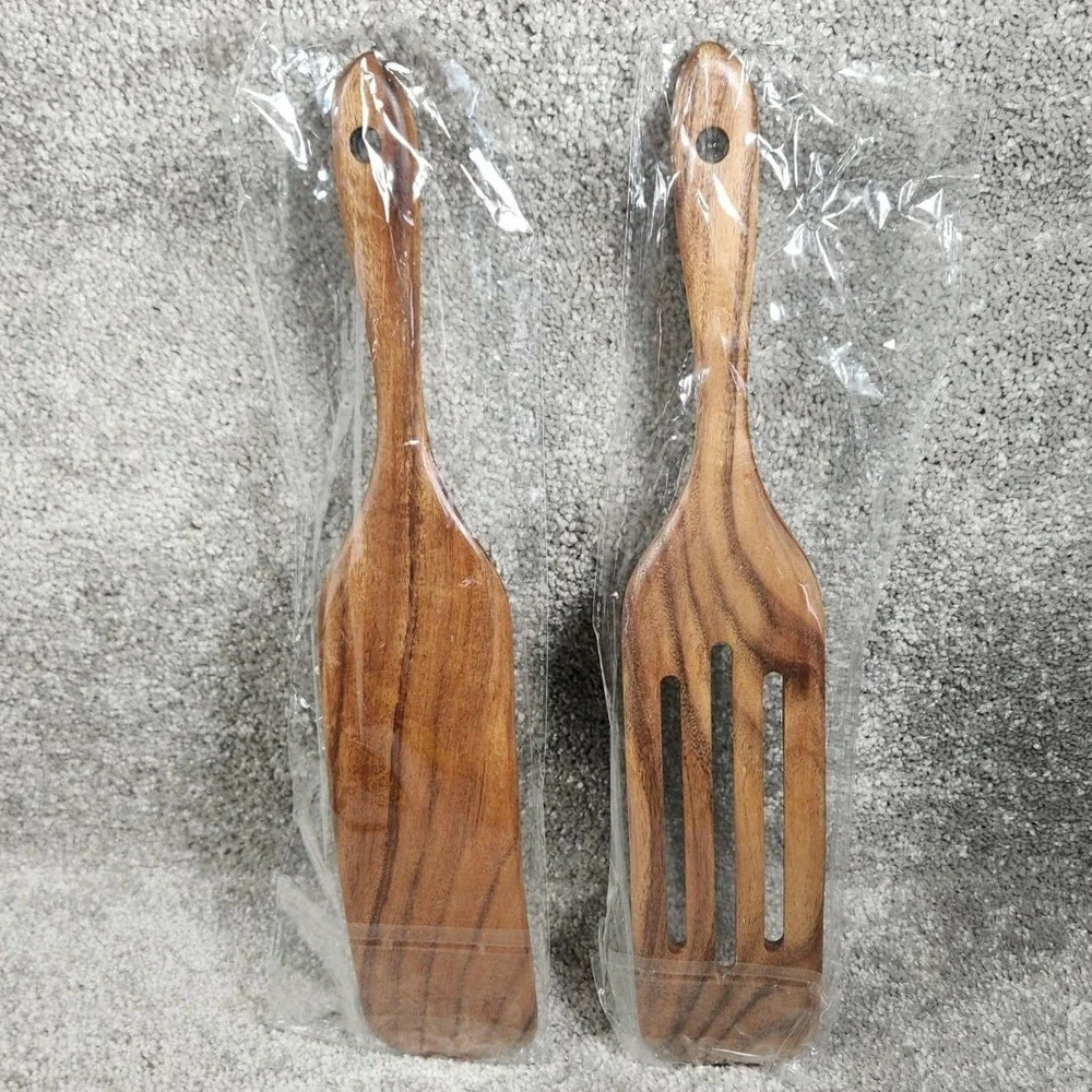 Wooden Salad‎ Server Set Brown Slotted and Solid Paddles